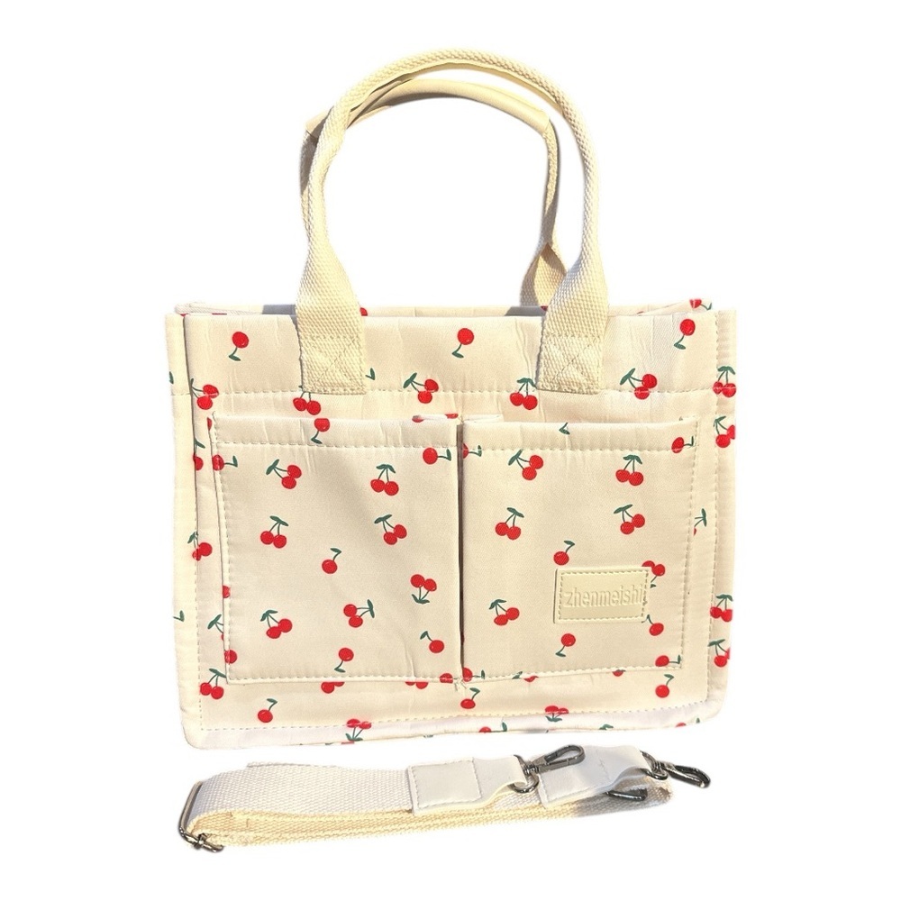Cream Cherry Print Canvas Tote Bag with Removable Strap New
